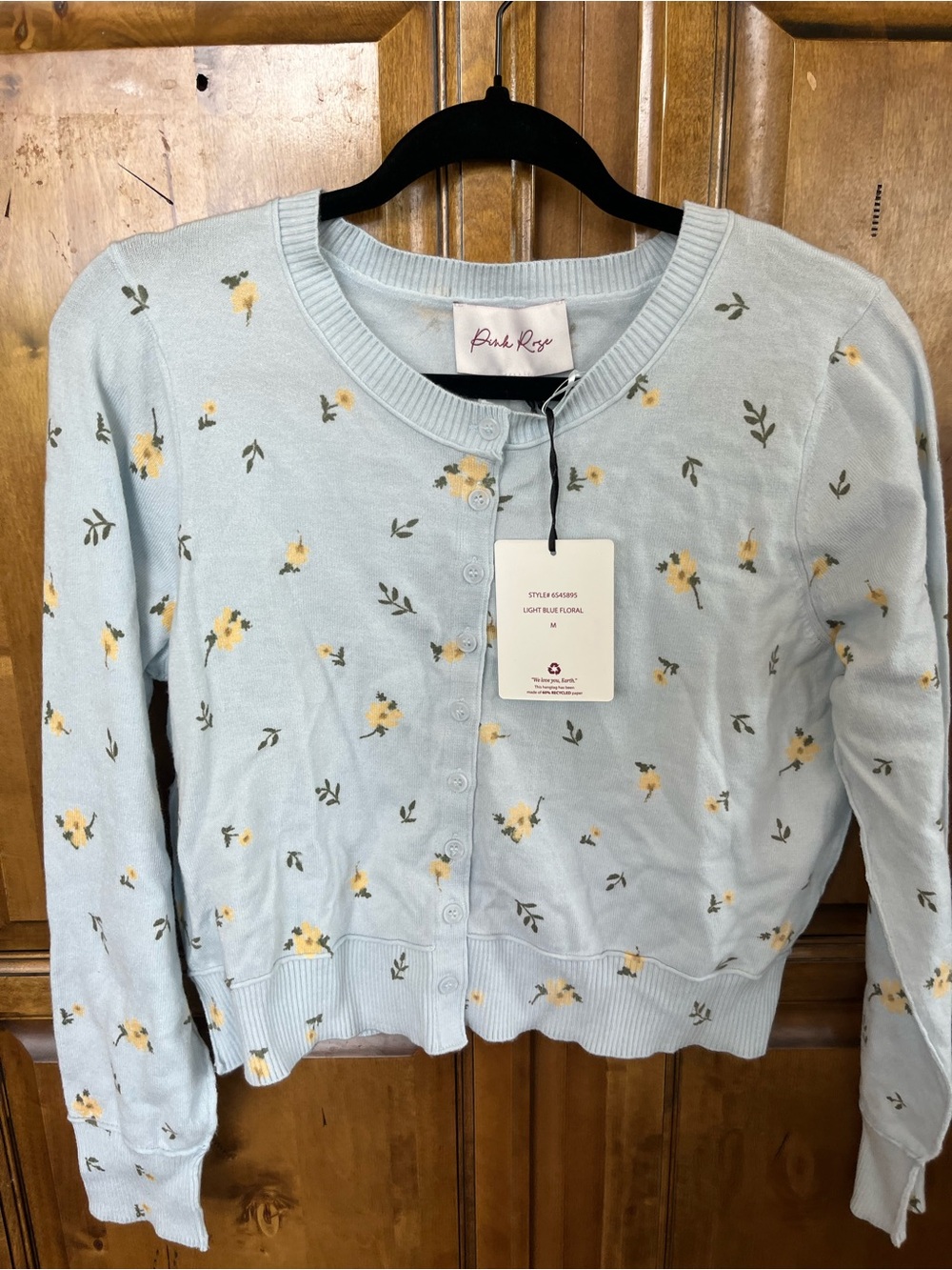 Pink Rose Light Blue Floral Knit Cardigan